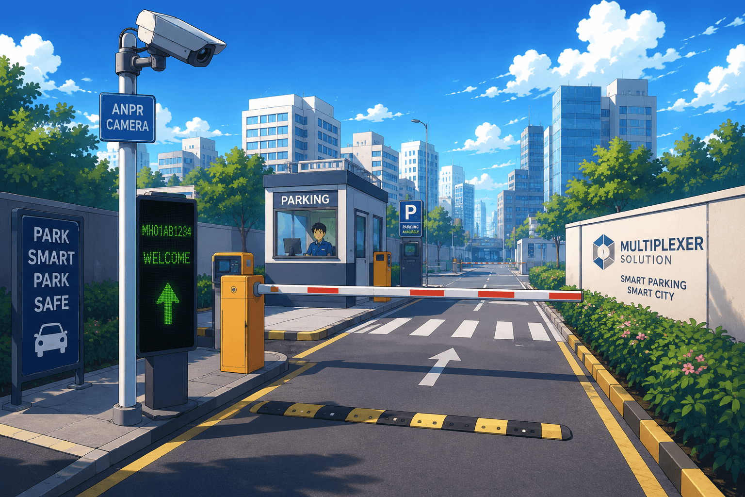 Smart parking gate with ANPR camera, boom barrier, and Multiplexer Solution branding