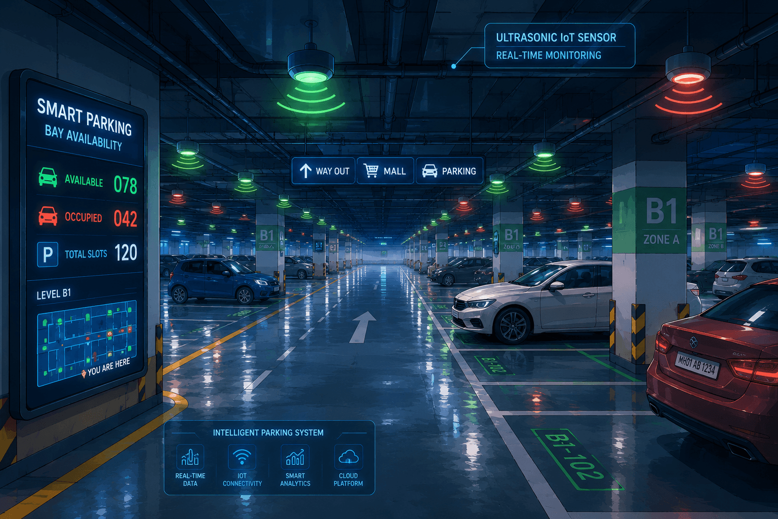 Underground mall parking with ultrasonic IoT sensors indicating bay availability in real time