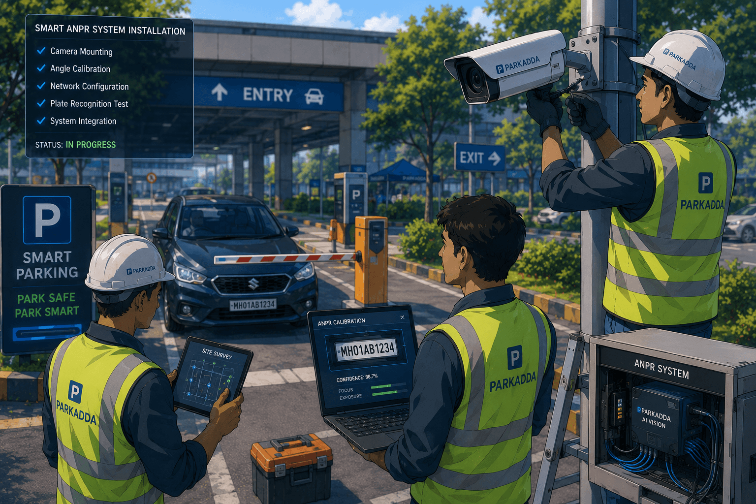 Parkadda engineers mounting and calibrating ANPR camera system at a parking site