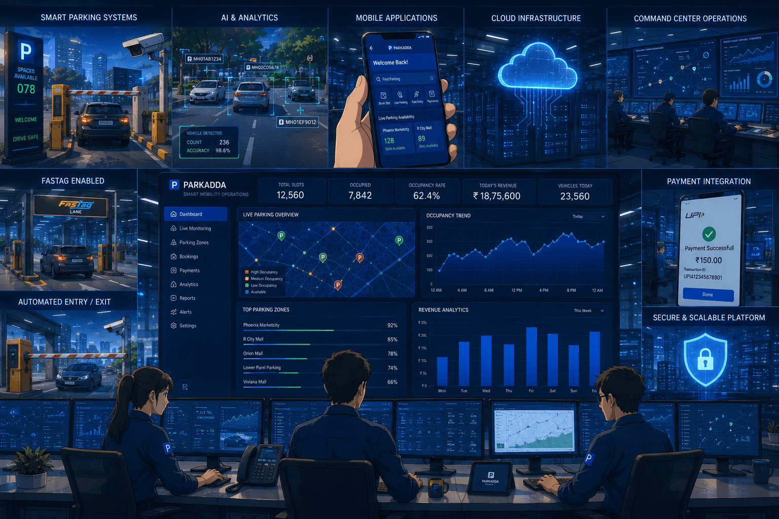 Multiplexer platform: Smart Parking, AI analytics, Mobile app, Cloud, Payment integration