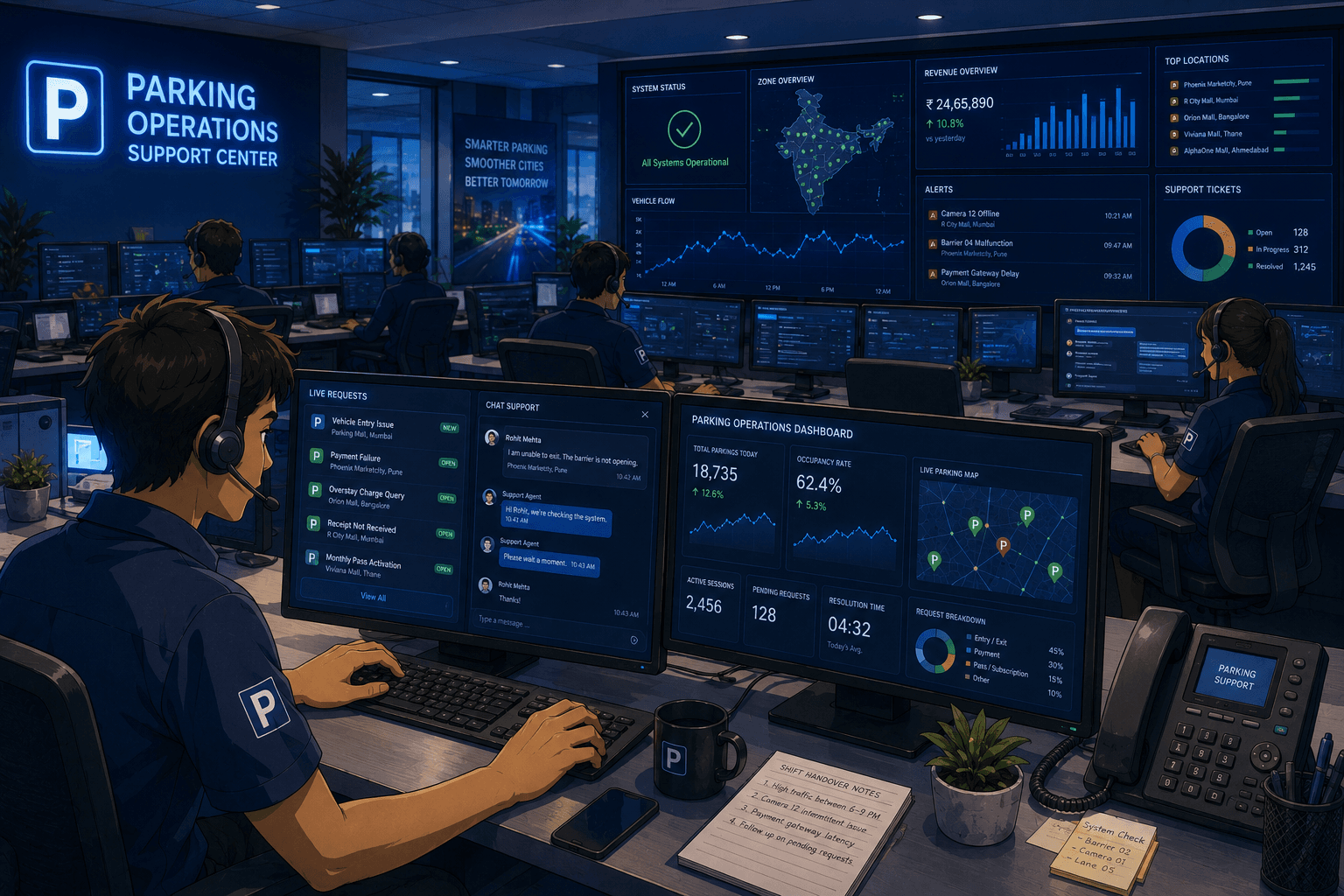 Parking Operations Support Center with India-wide monitoring, live alerts, and support agents