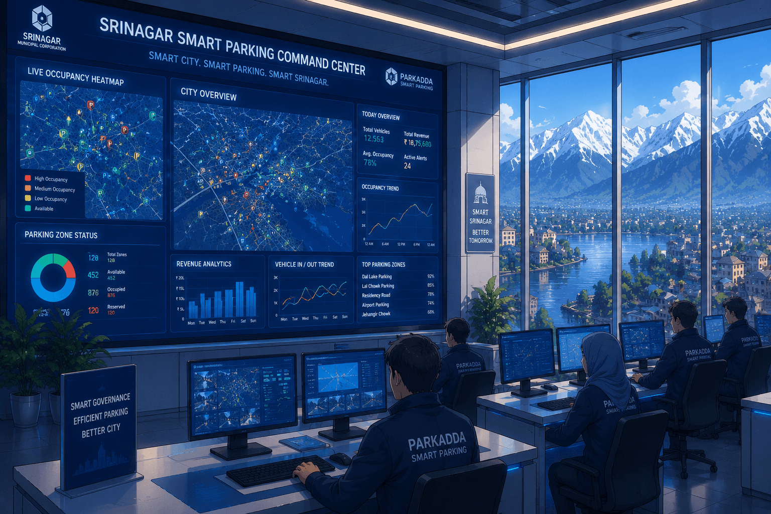 Srinagar Smart Parking command center with live occupancy heatmap and mountain backdrop