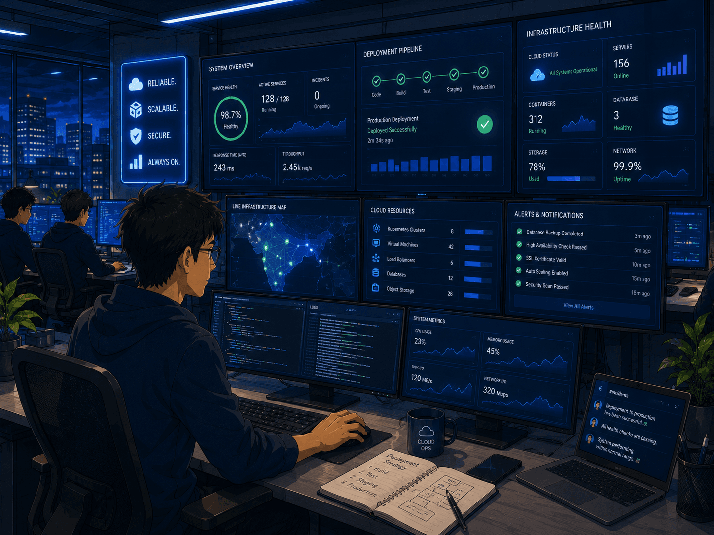 Cloud infrastructure monitoring dashboard showing deployment pipeline and system health