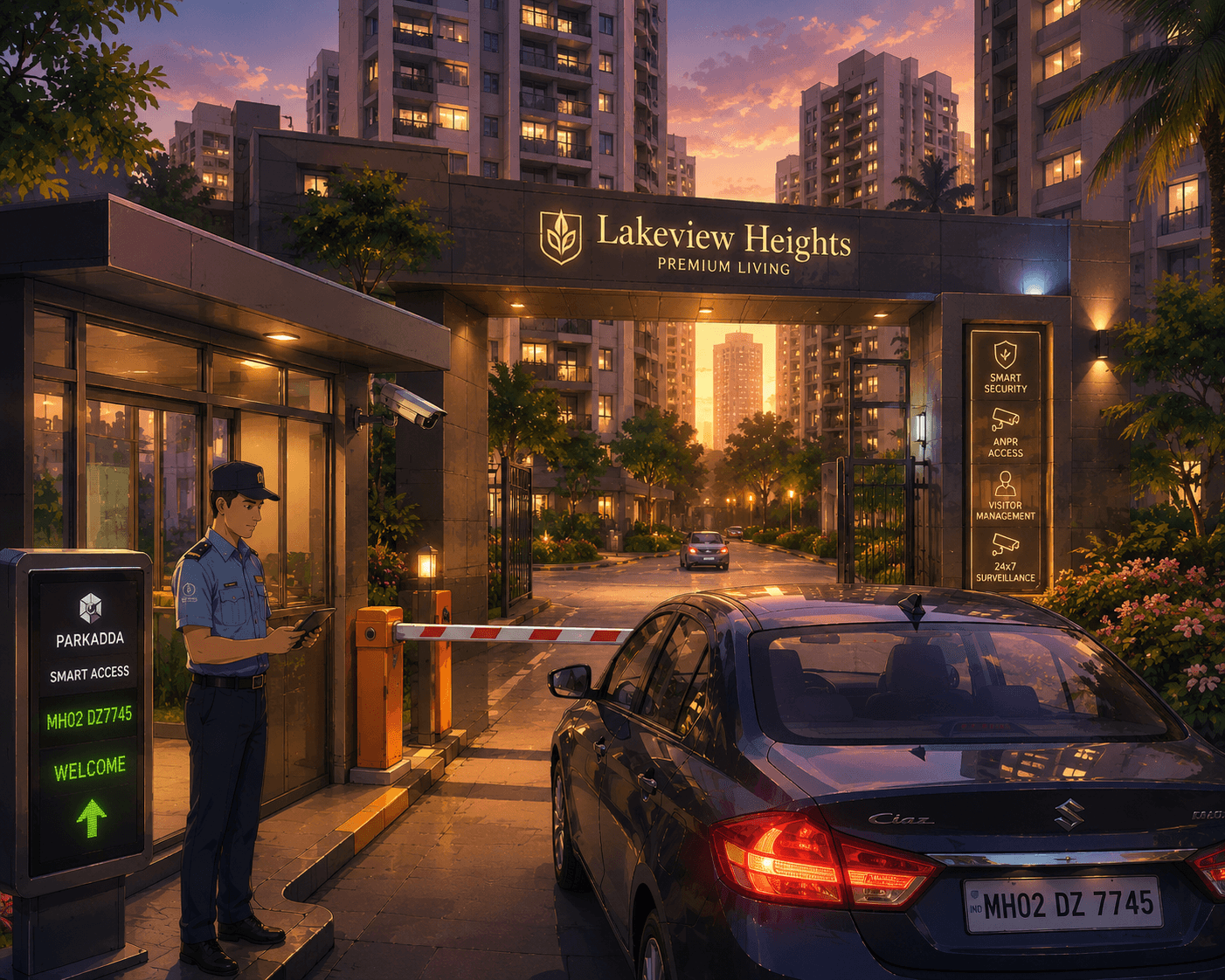 Residential society security gate with Parkadda tablet and boom barrier at sunset