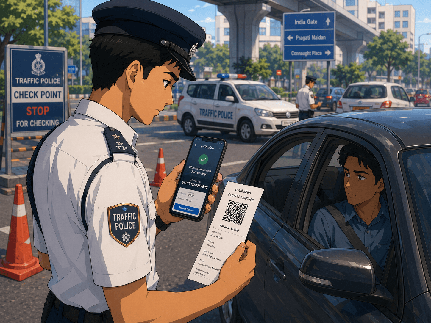 Traffic police officer issuing digital e-challan with mobile app at roadside checkpoint