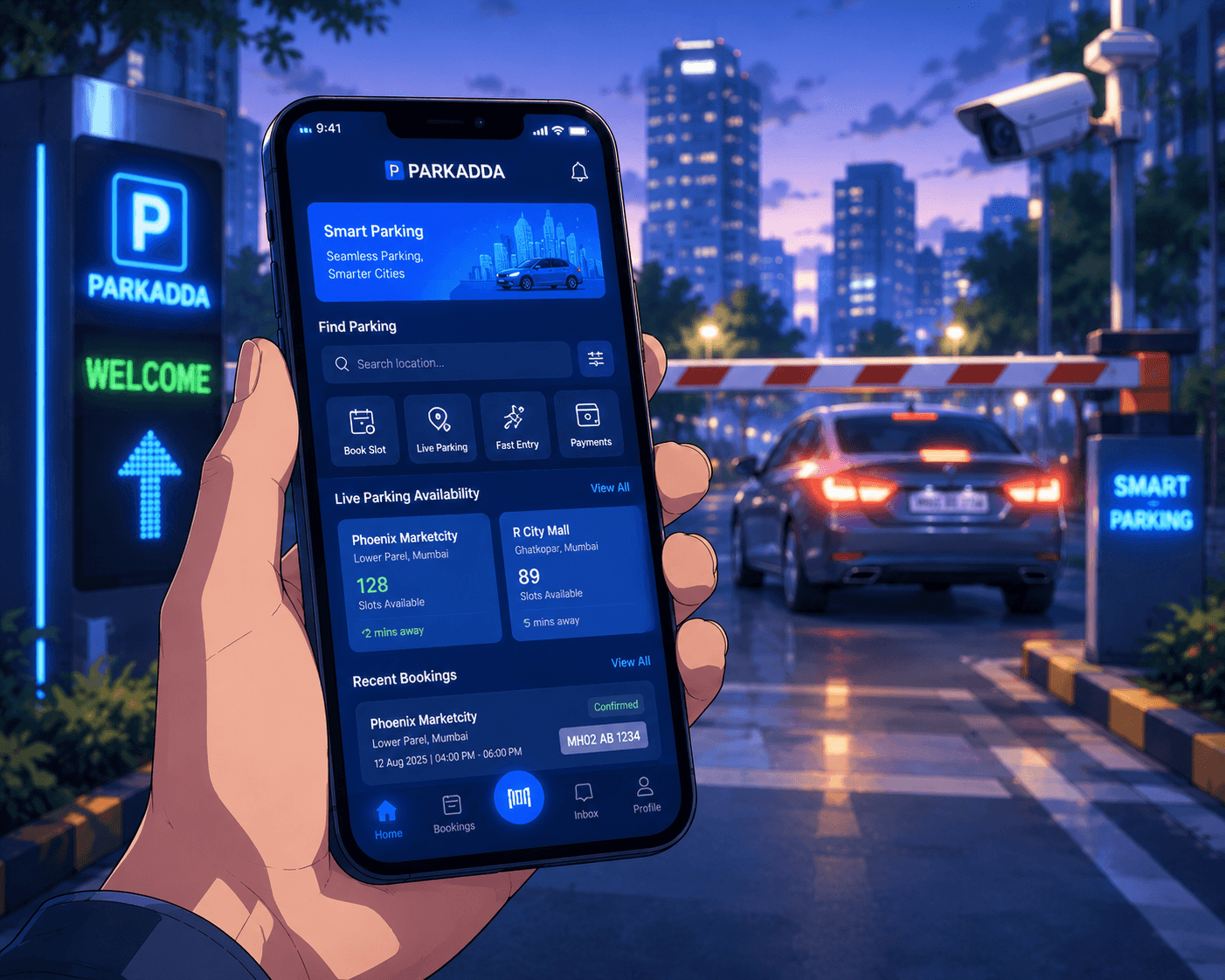 Parkadda smart parking mobile app showing live availability and bookings