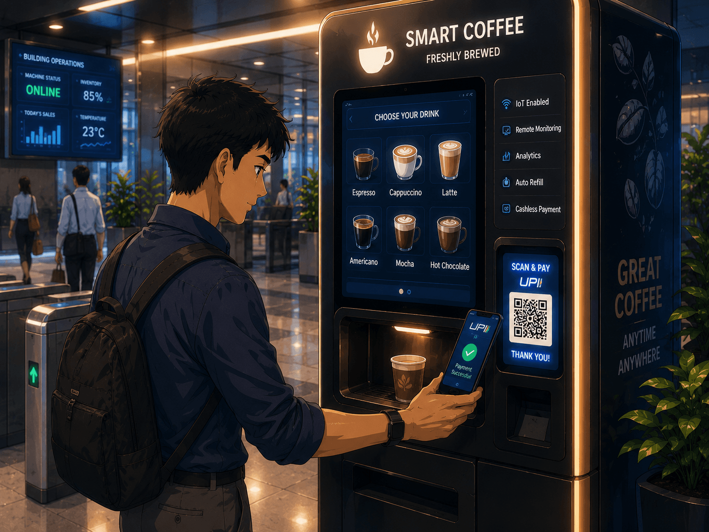IoT-enabled coffee vending machine with UPI scan-and-pay and remote monitoring