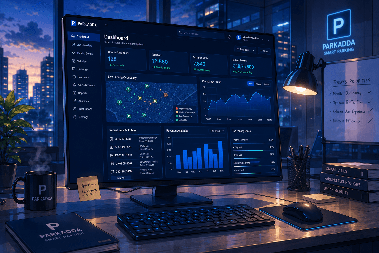 Parkadda operator dashboard showing 128 zones, 12,560 slots, and real-time revenue analytics